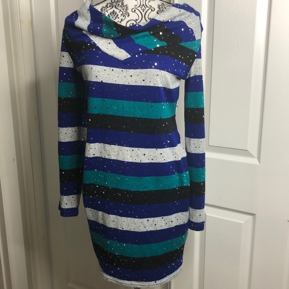 Planet Gold Couture Stripe‎ Green Blue Black Sparkle Long Sleeve Lace Back L